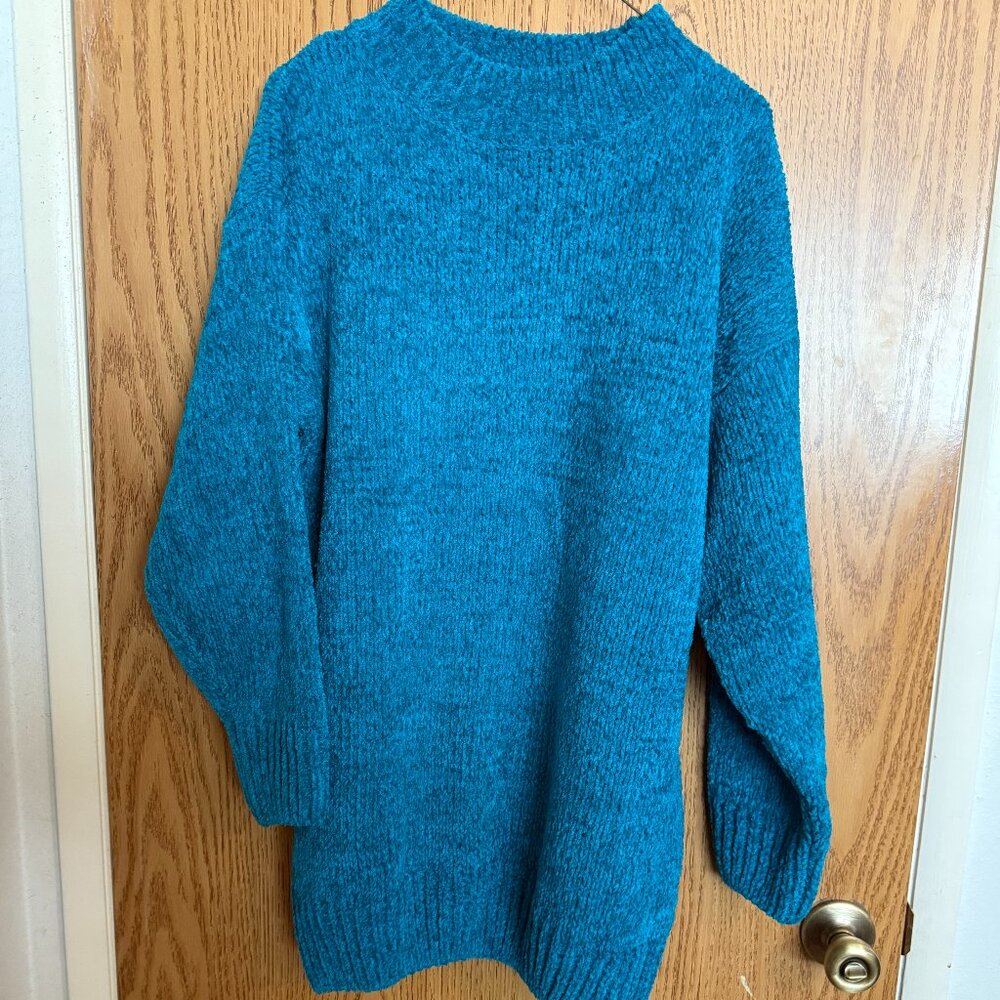 Vintage 80s 90s JUST SASHA Blue Teal Chenille LS Mock Neck Tunic Sweater Size M